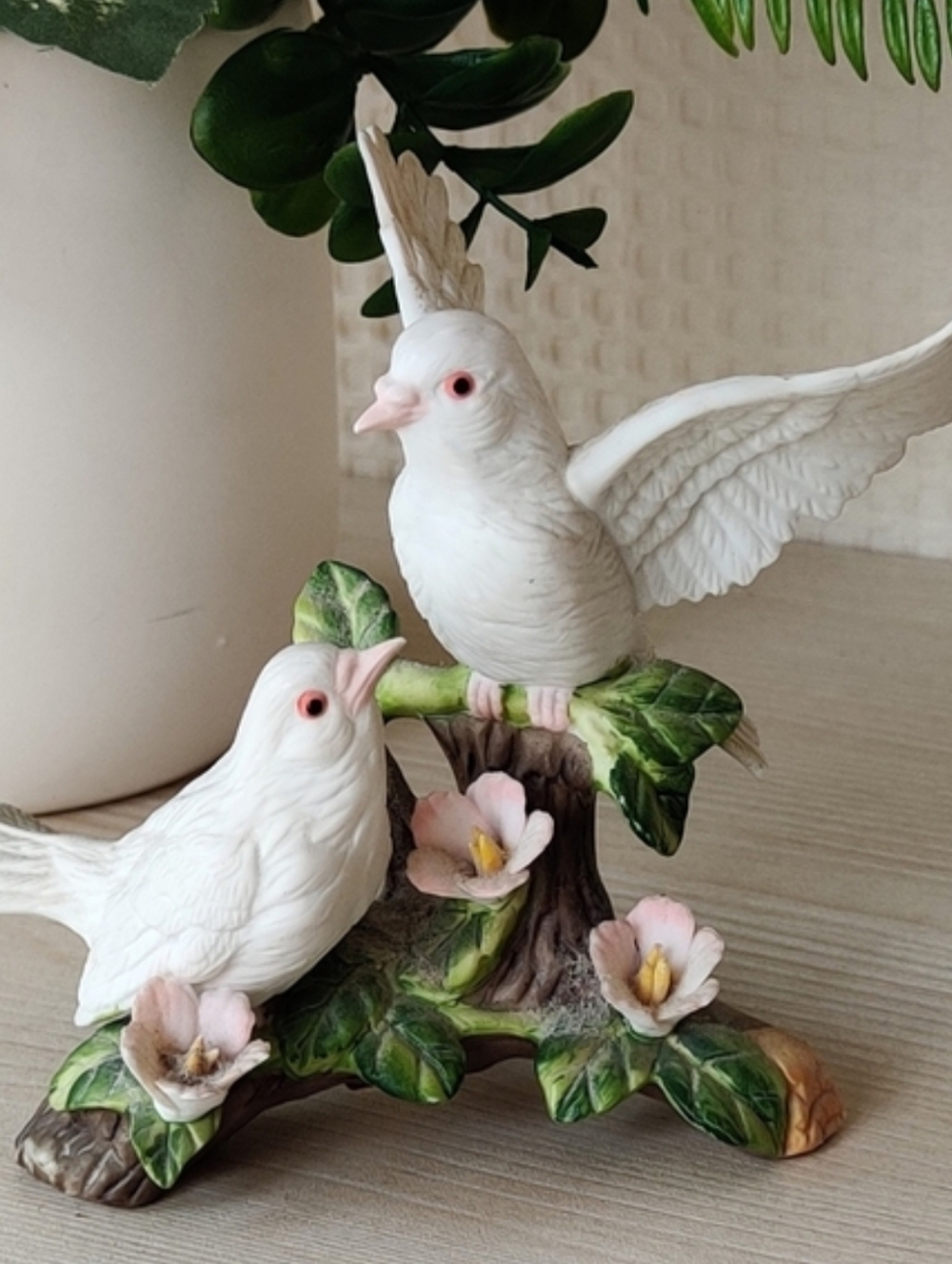 Vintage Pair of White Doves on Branch with Pink Flowers Ceramic Figurine